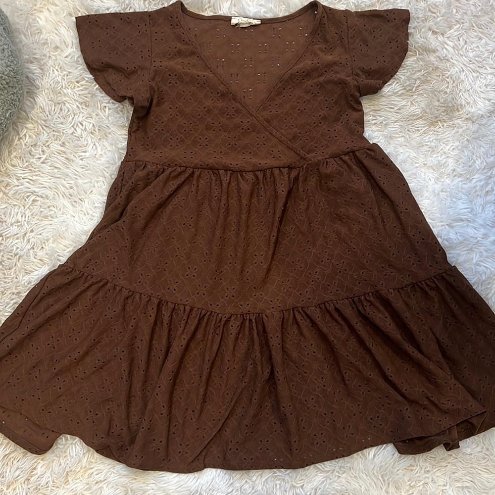 Brown eyelet knit mini dress